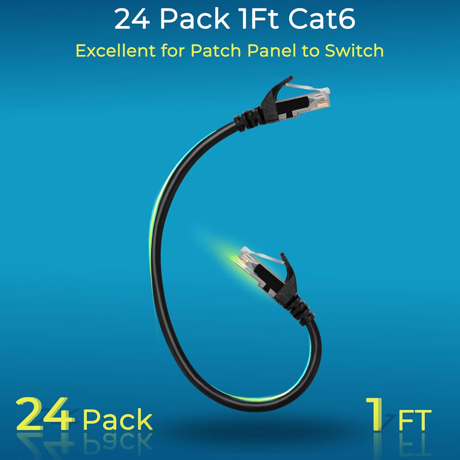 Cat6 Ethernet Patch Cables 1ft (24 Pack), 10G, Black, Flexible with Gold Plated Connectors - Image 2