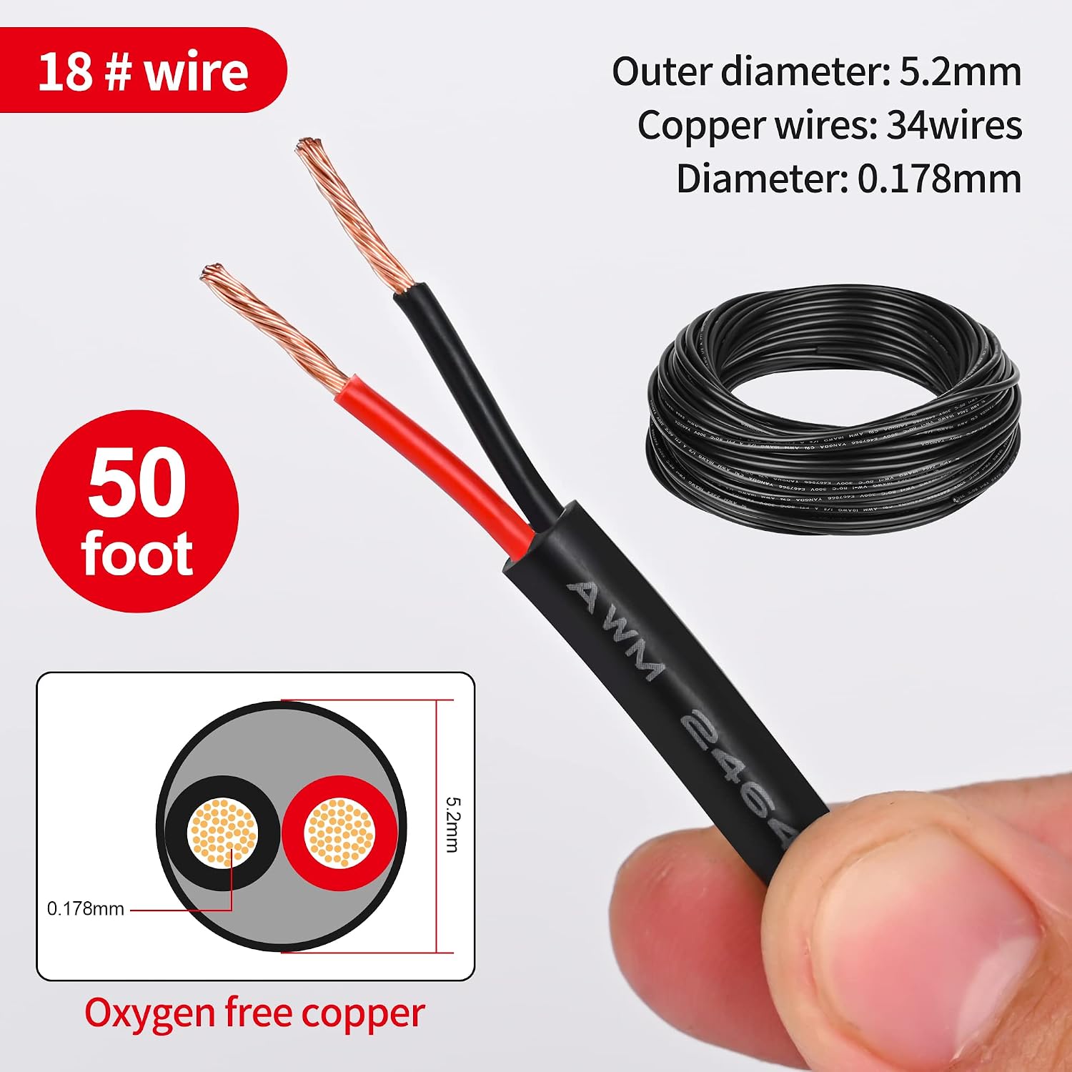 18 Gauge 2 Conductor PVC Cord, 50FT Pure Copper Electrical Wire for LED Strips, Automotive - Image 2