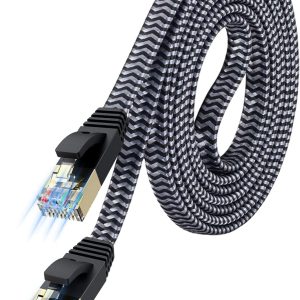 Cat 7 Flat Ethernet Cable 6.6 ft, Nylon Braided STP Shielded, 10Gbps 600MHz RJ45 LAN Patch Cable