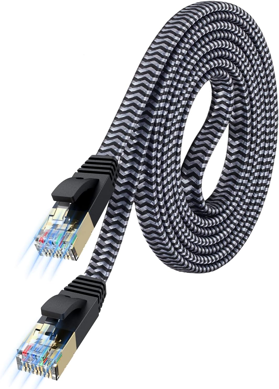 Cat 7 Flat Ethernet Cable 6.6 ft, Nylon Braided STP Shielded, 10Gbps 600MHz RJ45 LAN Patch Cable